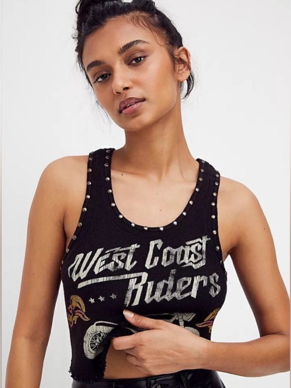 Free People Black Studded 'West Coast Riders' Graphic Crop Tank